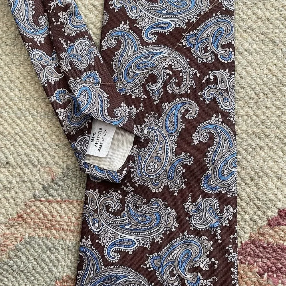 Vintage 70s Paisley Tie Narrow Polyester Brown Blue Mod
